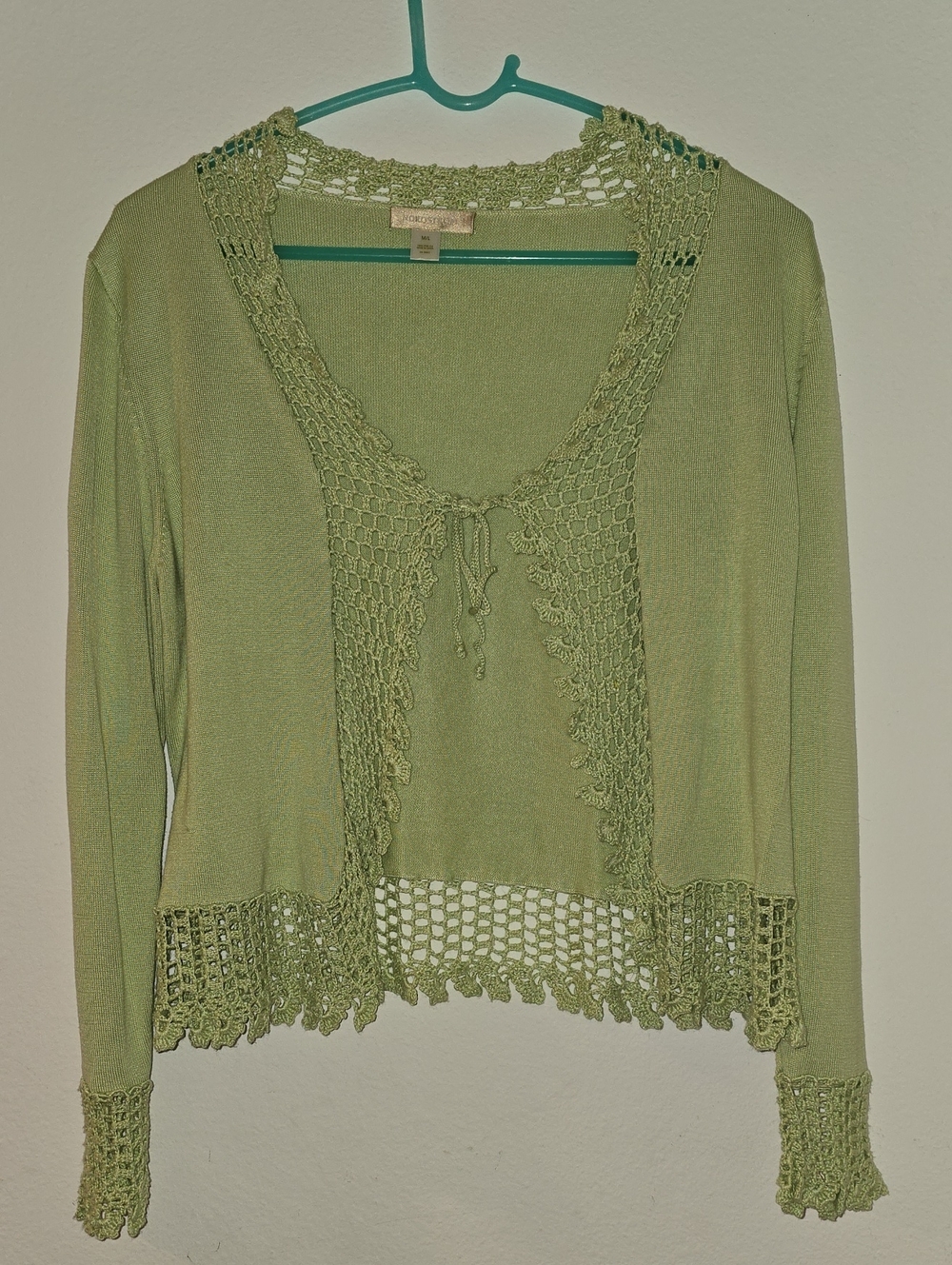 Delicate Light Green Open Front Cardigan 100%pyre Silk w/ Lace Borders